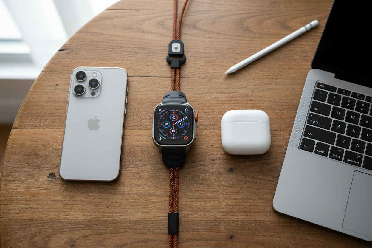 Apple watch ultra series 9 laying flat on a wooden table with other apple products